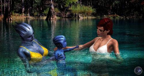 Шепард и Лиара купаются с дочкой азари