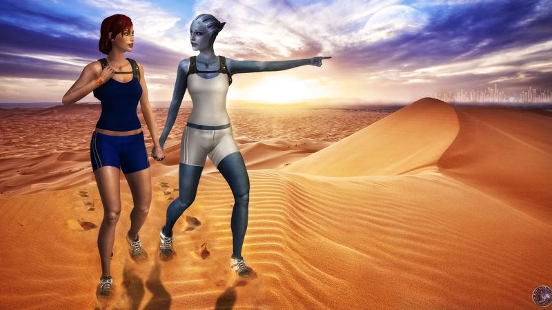 Капитан Шепард и азари Лиара Т'Сони бегают по пустыне - рендер от barbdbarb