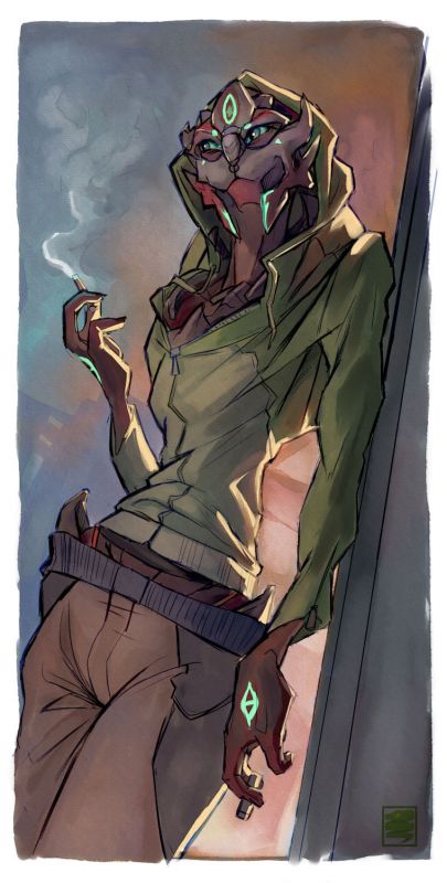 Турианка в обычноой одежде с сигаретой в руке - рисунок от avasati