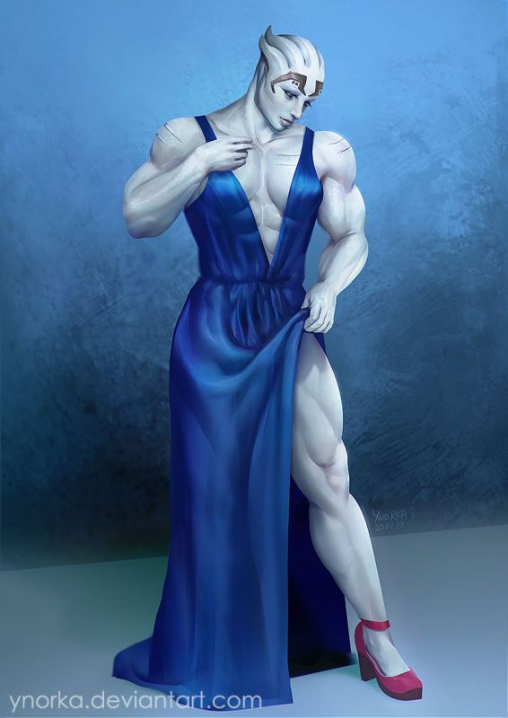 Накачанная белокожая азари в синем платье - рисунок от ynorka