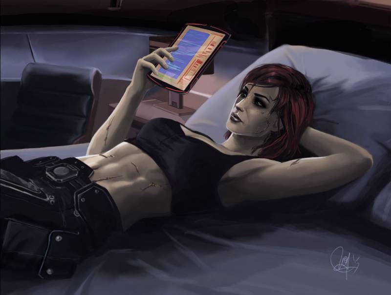 Капитан Джейн Шепард лежит на кровати в своей каюте и читает экстранет на карманном компьютере - рисунок от nia90
