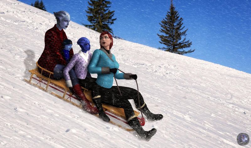 Шепард и Лиара с дочками катаются зимой на санках - рендер от barbdbarb