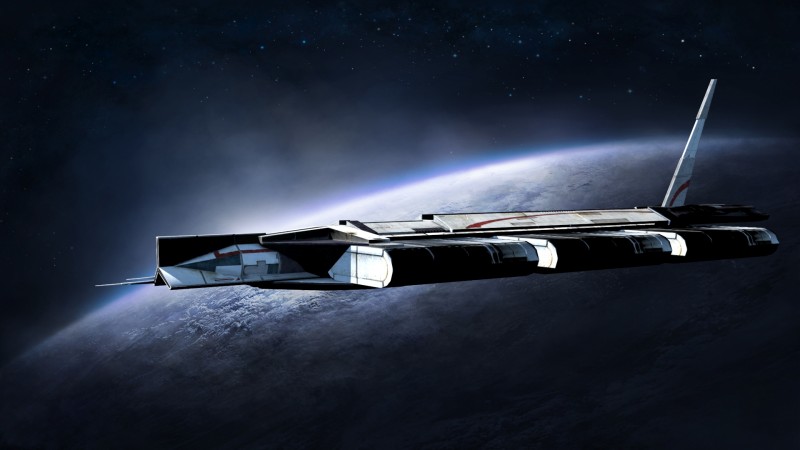 Модульный корабль класса Коулун в космосе на фоне планеты Земля, арт