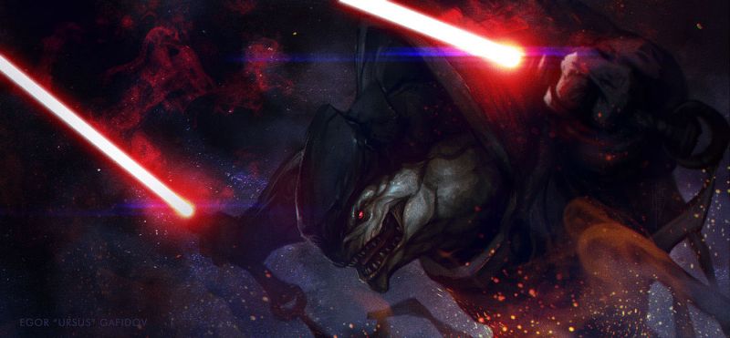 Кроган ситх с двумя световыми мечами красного цвета, кроссовер Mass Effect и Star Wars от художника egor-ursus