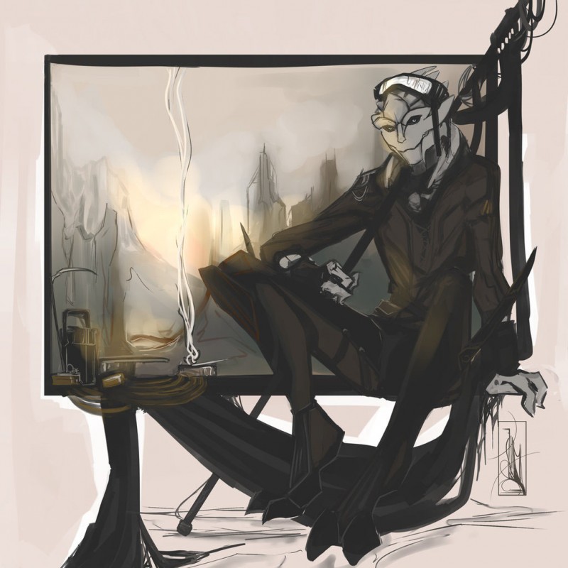Турианец сидит в кресле и смотрит на дымящуюся сигарету - рисунок от palavenmoons