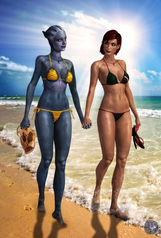 Шепард и Лиара в бикини идут по пляжу на берегу моря - рендер от barbdbarb