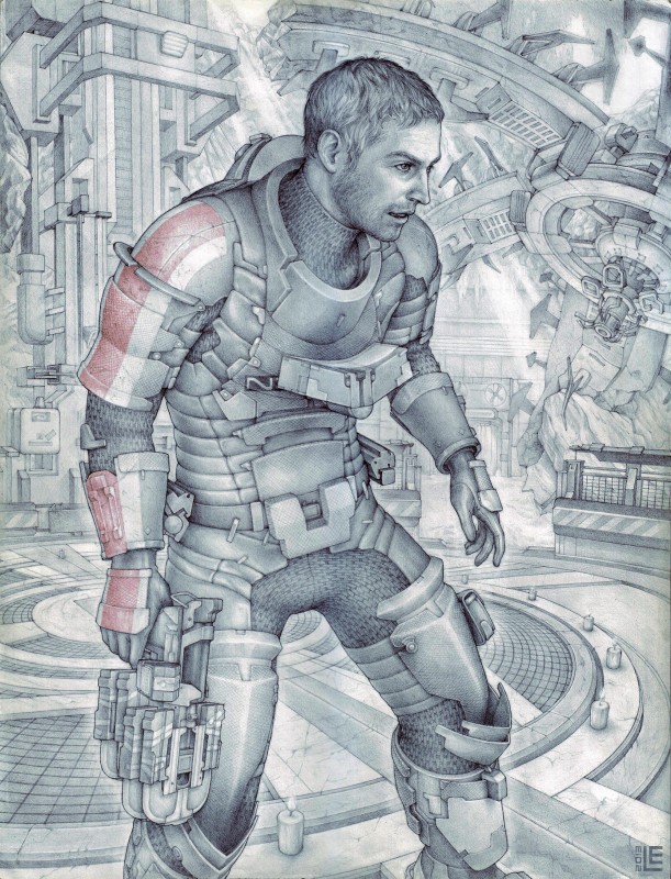 Айзек Кларк из Dead Space в броне N7 - черно-белый карандашный рисунок от lei-ren