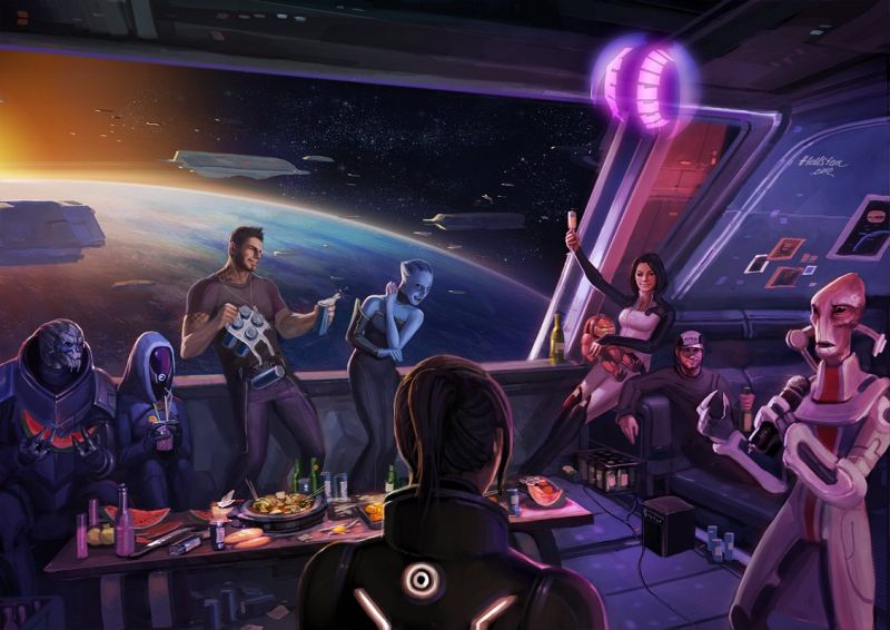 Счастливая концовка Mass Effect 3, праздник на Нормандии - рисунок от hellstern