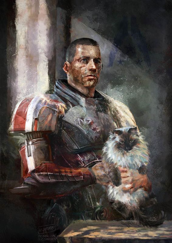 Портрет капитана Джона Шепарда с котом - рисунок от guzzardi