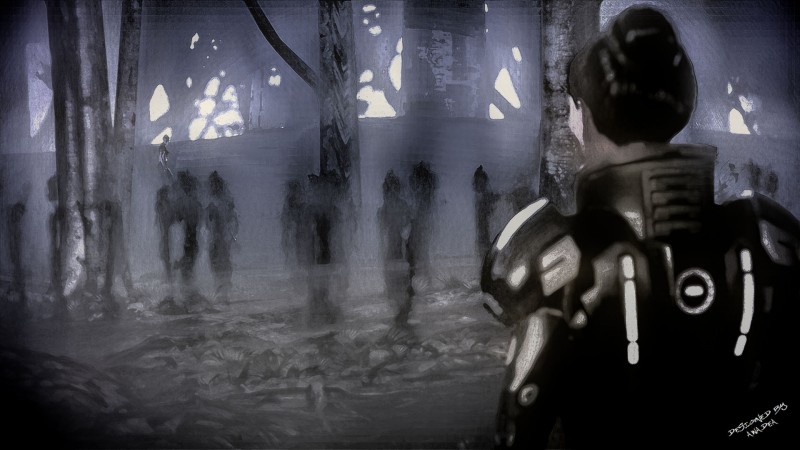 Черно-белый рисунок, изображающий ночные кошмары капитана Шепарда в Mass Effect 3
