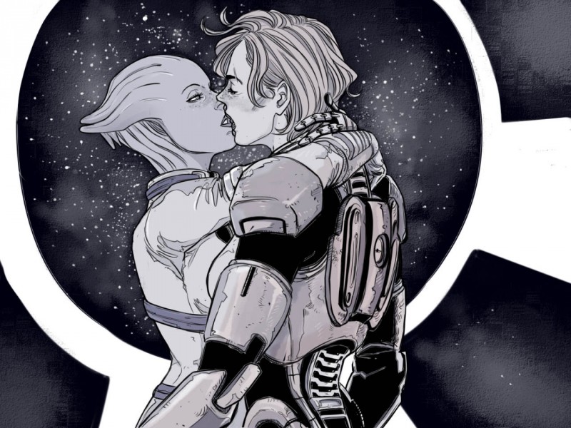 Капитан Шепард целует азари Лиару - рисунок от marceline2174