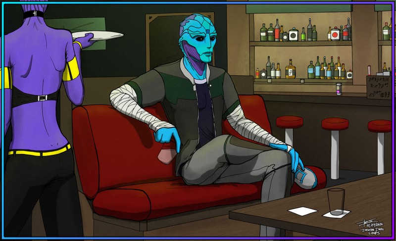 Рисунок голубого дрелла, сидящего в кафе от художника jesterdk