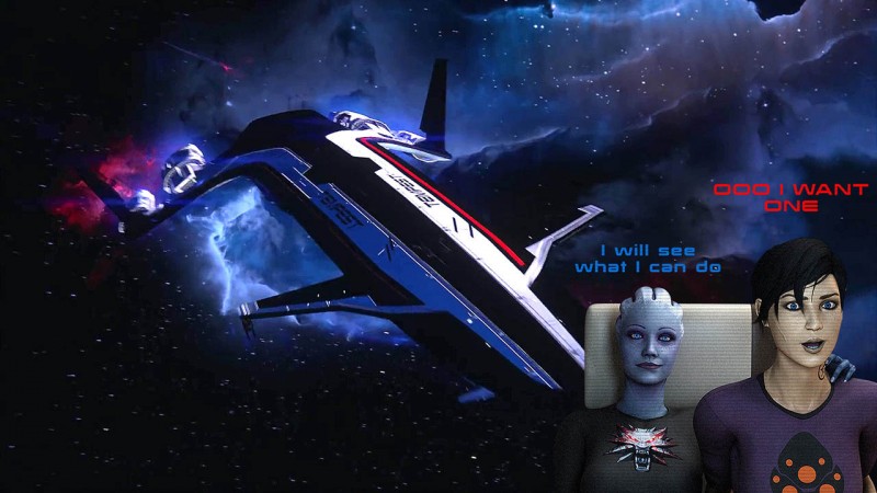 Капитан Кира Шепард и Лиара смотрят демонстрацию Mass Effect: Andomeda - рендер от asarimaniac