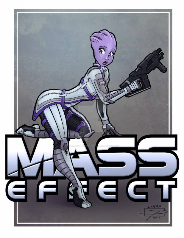 Лиара Т'Сони на фоне надписи Mass Effect