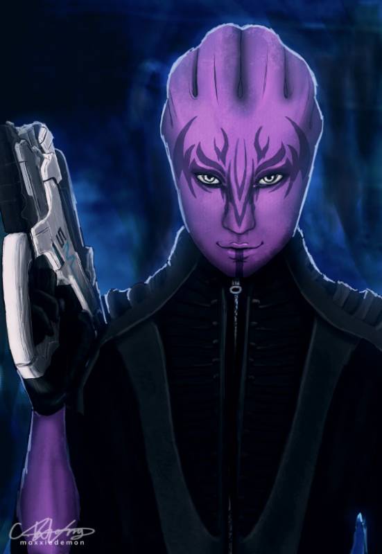 Рисунок от maxwell-demon - азари с пурпурной кожей и пистолетом Фаланга в руке