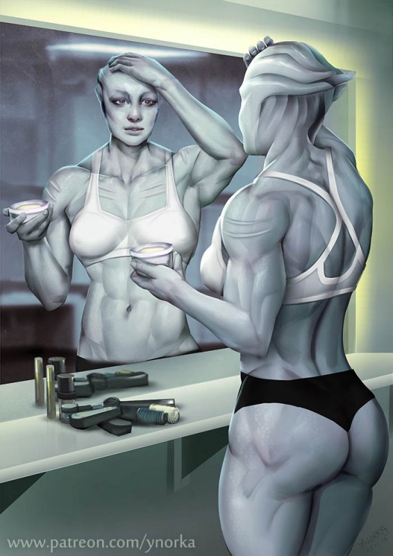 Мускулистая азари с накачанным телом перед зеркалом - рисунок от ynorka