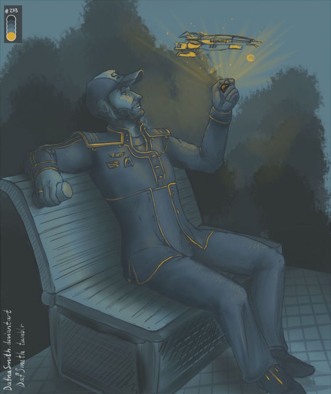 Пенсионер Джокер сидит на лавке и смотрит на голограмму Нормандии - рисунок от dafnasmith