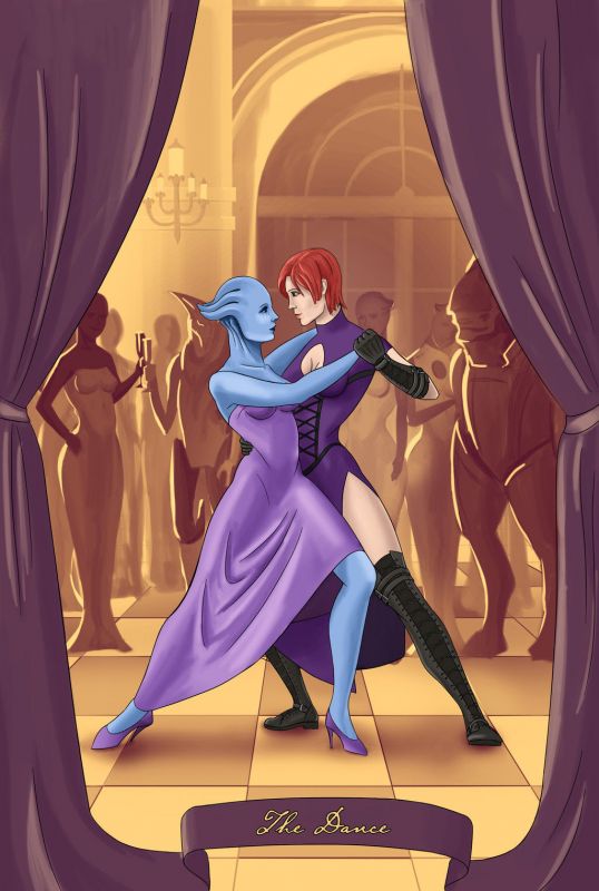 Азари Лиара и капитан Шепард женщина танцуют танго - рисунок от noontimeowl