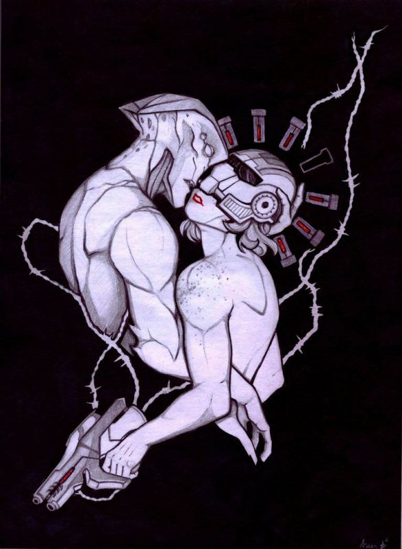 Протеанин Явик обнимает и целует капитана Шепард, рисунок annasabinokami