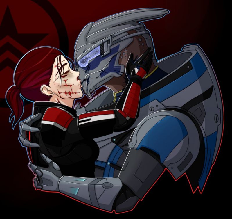 Капитан Шепард и Гаррус Вакариан целуются - рисунок от shadowcutie1