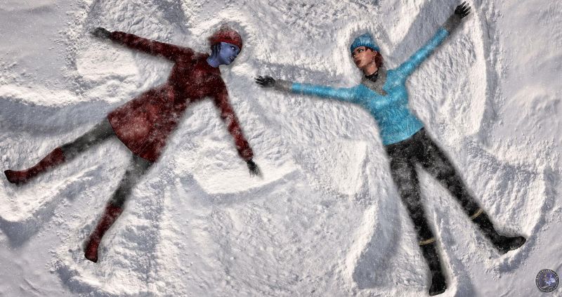 Шепард и Лиара делают снежных ангелов - рендер от barbdbarb