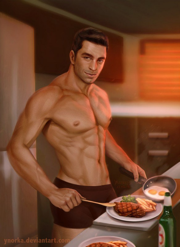 Обнаженный Каден Аленко на кухне готовит ужин - рисунок от ynorka