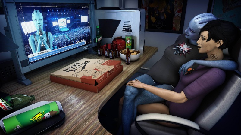 Капитан Кира Шепард и Лиара смотрят прямую трансляцию E3 - рендер от asarimaniac
