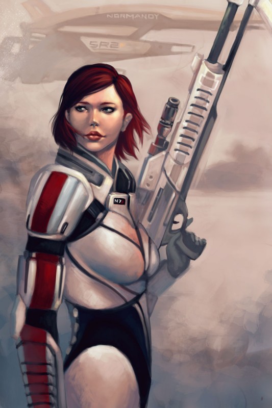Красноволосая капитан Шепард со снайперской винтовкой Вдова - рисунок от художницы Yllaella