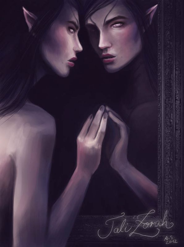 Эльфийка Тали с острыми ушками перед зеркалом, рисунок художника khemiri