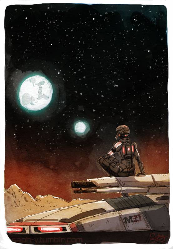 Капитан Шепард сидит на корпусе Мако и смотрит на горизонт, где сияют две планеты - рисунок от saph-y