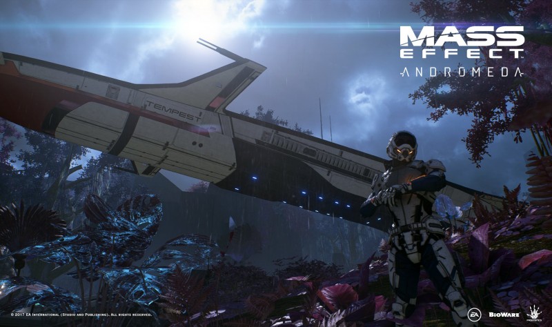Скотт Райдер и его корабль Буря под дождливым небом - скриншот Масс Эффект Андромеда