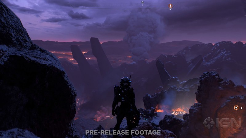Сара Райдер осматривает пейзаж с потоками лавы - cкриншот из геймплейного видеоролика Mass Effect: Andromeda