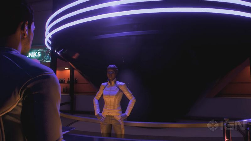 Скотт Райдер в клубе на станции Нексус общается с азари, скриншот из трейлера
