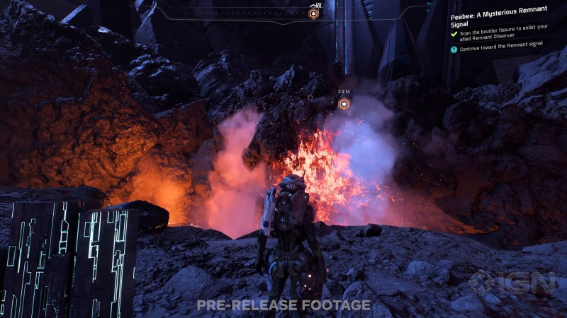 Сара Райдер рядом с лавовым потокм - cкриншот из геймплейного видеоролика Mass Effect: Andromeda