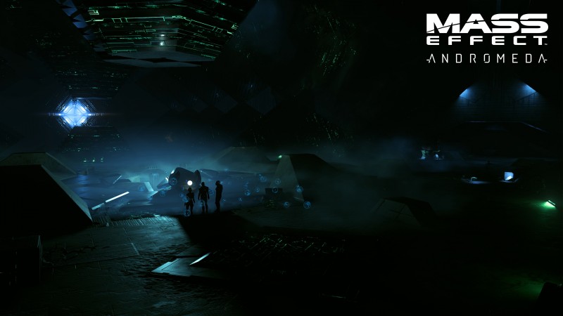 Райдер с двумя сопартийцами в центре базы ремнантов - официальный скриншот пре-альфа версии Mass Effect: Andromeda в разрешении 4K от BioWare