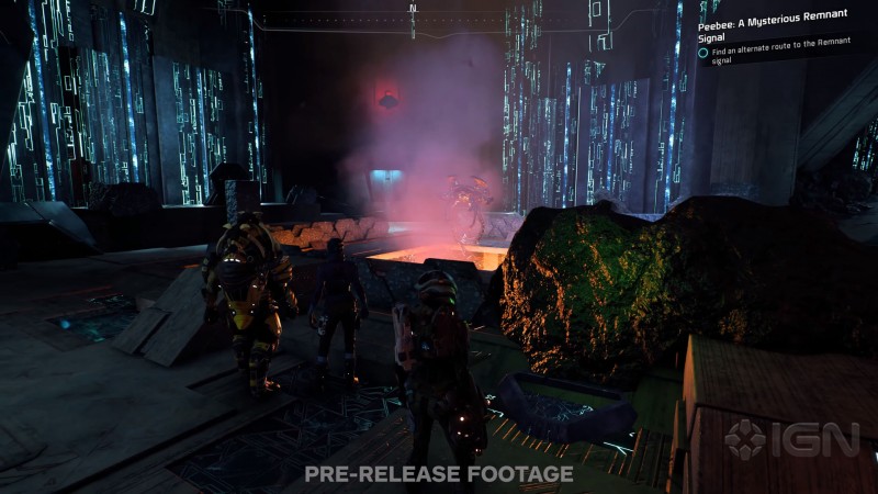 Драк, Пиби и Сара Райдер смотрят на появляющегося ремнанта - cкриншот из геймплейного видеоролика Mass Effect: Andromeda