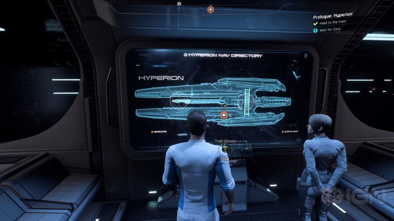 Скотт Райдер и Кора Харпер стоят перед терминалом с картой Гипериона, скриншот