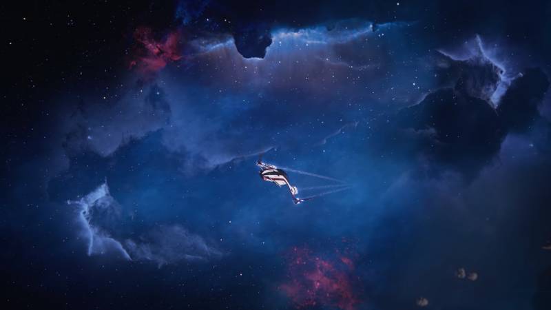Скриншот корабля из Масс Эффект: Андромеда - Tempest (Буря) в космосе