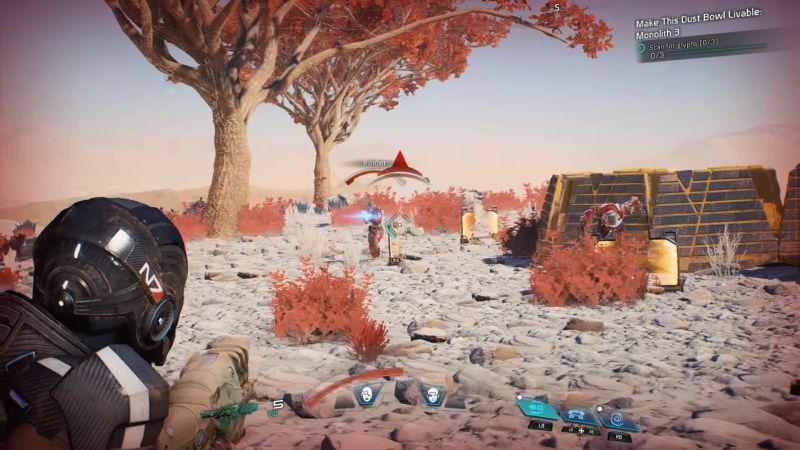 Райдер в шлеме N7 стреляет во врагов под красными деревьями - скриншот