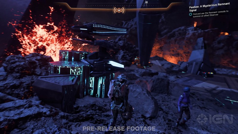 Сара Райдер и азари Пиби активировали ремнантскую турель - cкриншот из геймплейного видеоролика Mass Effect: Andromeda