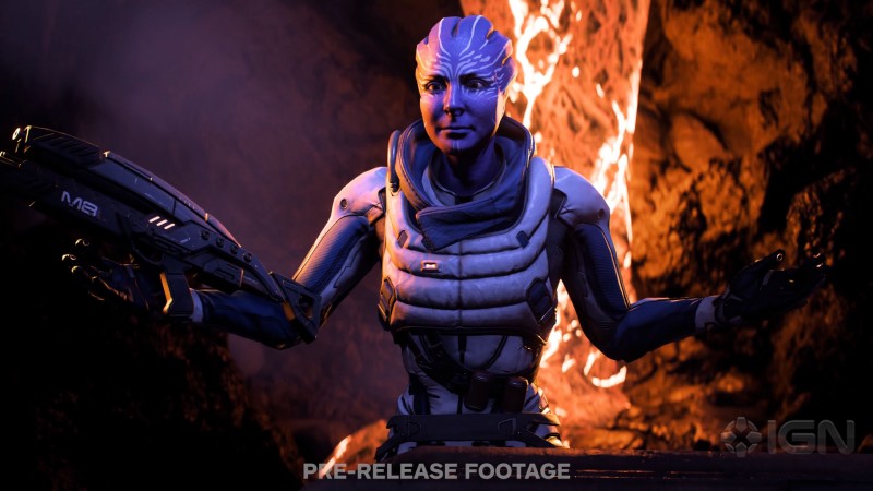 Винтовка Мститель прилипла к руке азари Калинды - cкриншот из геймплейного видеоролика Mass Effect: Andromeda