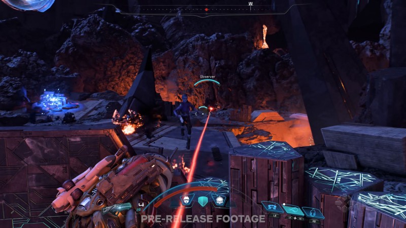 Сара Райдер в укрытии, летящая азари Пиби и ремнант Наблюдатель - cкриншот из геймплейного видеоролика Mass Effect: Andromeda