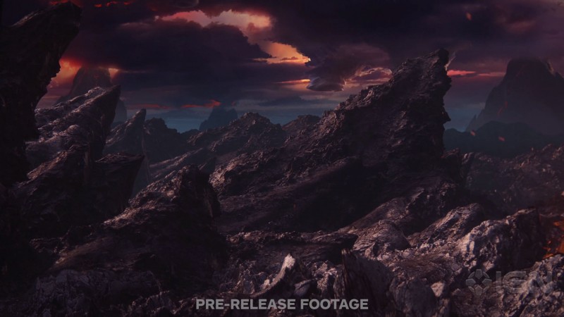 Недружелюбный пейзаж планеты с магматической породой - cкриншот из геймплейного видеоролика Mass Effect: Andromeda