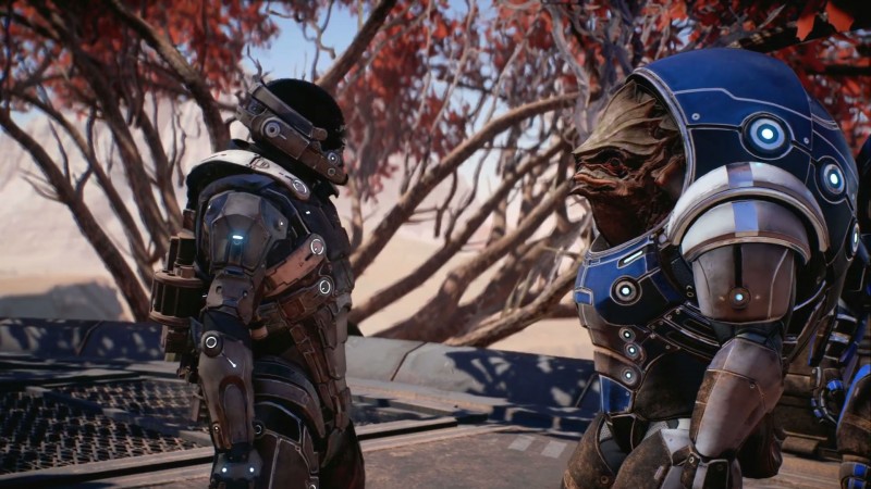 Первопроходец Скотт Райдер общается с кроганом на планете Элааден, скриншот