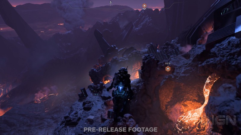 Сара Райдер летит на джетпаке на очень большой высоте - cкриншот из геймплейного видеоролика Mass Effect: Andromeda