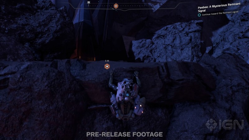 Сара Райдер лезет по скале, уцепившись руками - cкриншот из геймплейного видеоролика Mass Effect: Andromeda