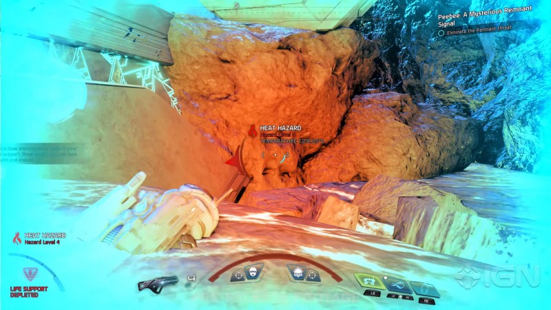Сара Райдер упала в лаву по пояс - cкриншот из геймплейного видеоролика Mass Effect: Andromeda