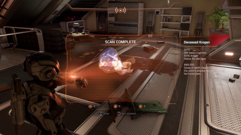 Скриншот из Масс Эффект Андромеда, Райдер сканирует инструментроном убитого крогана
