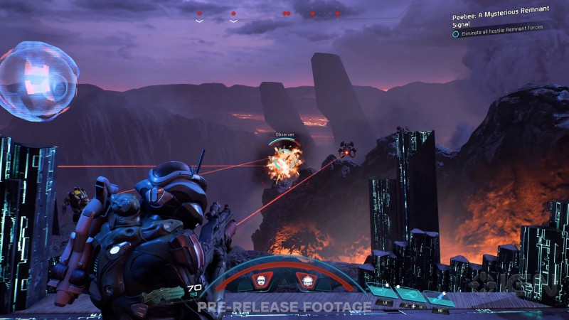 Сара Райдер стреляет в ремнантов Наблюдателей (Observer) - cкриншот из геймплейного видеоролика Mass Effect: Andromeda