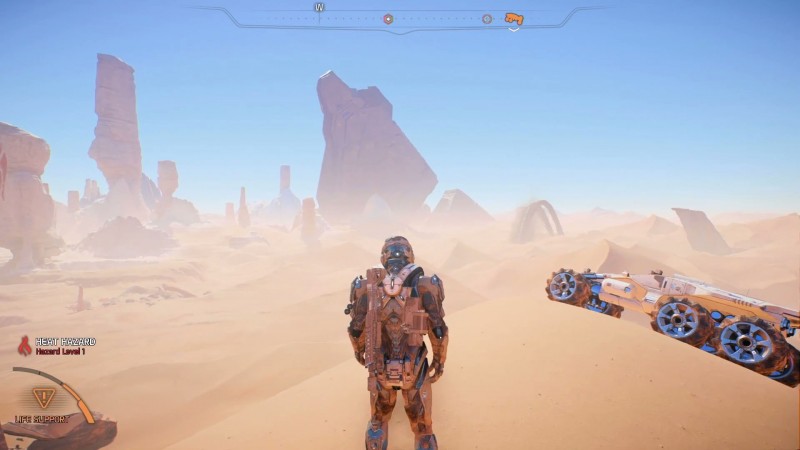 Скотт Райдер и вездеход Кочевник на дюнах планеты Элааден, скриншот